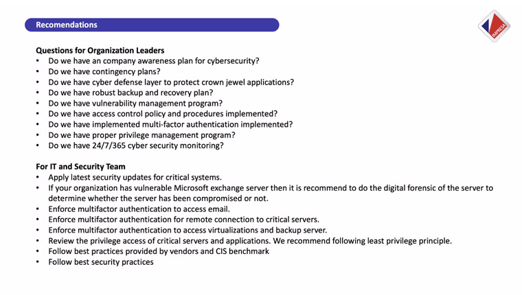 Impresa's recommended list of questions for organisation leaders and IT/security teams.