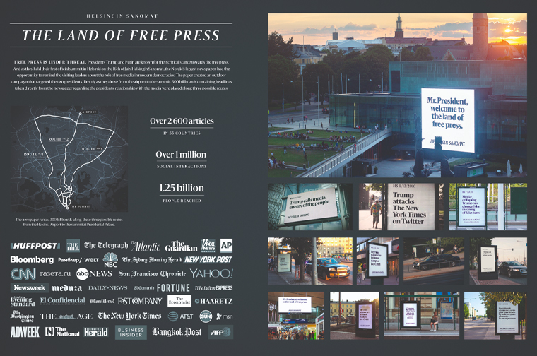 The campaign targeted Mr. Putin and Mr. Trump with real headlines from Helsingin Sanomat translated into English and Russian. Three possible routes from the airport to the summit location were covered with signs, since the official route was a secret.