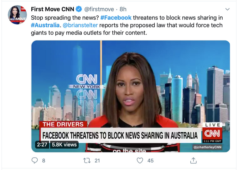 Facebook took recent back-and-forth with Australian news media companies up a notch on Tuesday, threatening to stop allowing Facebook users to share articles from news publishers.