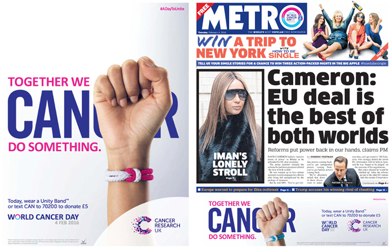 The Metro showed its support for World Cancer Day with branded content and hints of the charity throughout the printed newspaper.
