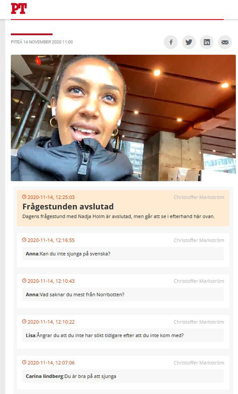 A live-stream conversation coordinated by NTM allowed fans of the Swedish TV show “Idol” to ask questions of participant Nadja Holm.